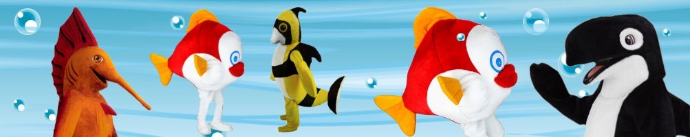 Mascotte dei costumi dei pesci ✅ Figure in esecuzione figure pubblicitarie ✅ Negozio di costumi di promozione ✅