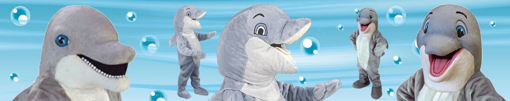 Mascotte dei costumi dei delfini ✅ Figure in esecuzione figure pubblicitarie ✅ Negozio di costumi di promozione ✅